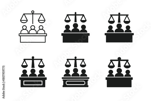 Courtroom Jury Icons. Jury in the courtroom. Icon set. Set Logo of Jury in the courtroom: Courtroom bench. harmonious logo variations of the same emblematic