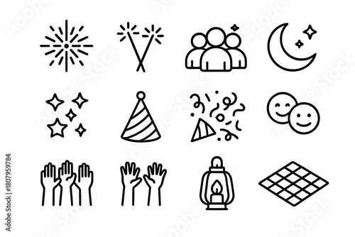 Night Party Icons. Night party fun. Line icon set of Night party fun: fireworks, sparklers, group of people, crescent moon, night sky, stars, party hat,