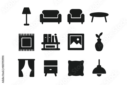 Minimal Interior Icons. Minimal Interiors. Solid icon set of Minimal Interiors: floor lamp, sofa, armchair, coffee table, rug, bookshelf, wall art, vase,