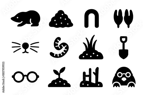 Burrowing Animal Icons. Burrowing Animal. Solid icon set of Burrowing Animal: mole, dirt mound, tunnel, digging paws, whiskers, nose, worm, soil, grass,