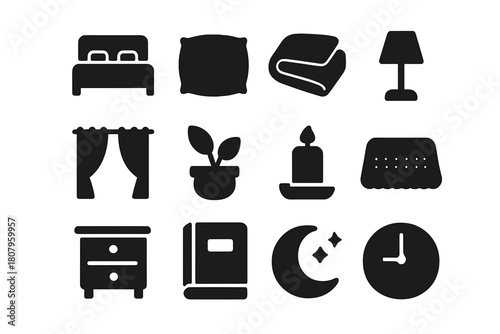 Sleep Sanctuary Icons. Sleep sanctuary. Solid icon set of Sleep sanctuary: bed, pillow, blanket, lamp, curtain, plant, candle, rug, nightstand, book, moon,