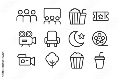 Community Screening Icons. Community Screenings. Line icon set of Community Screenings: people, screen, popcorn, drink, ticket, projector, chair, moon, star,