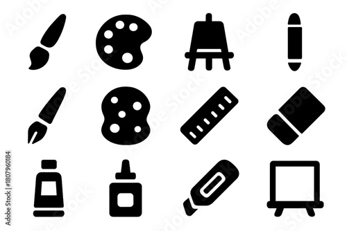 Art Studio Tools. Art studio tools. Solid icon set of Art studio tools: paintbrush, palette, easel, pencil, pen, sponge, ruler, eraser, paint tube, glue
