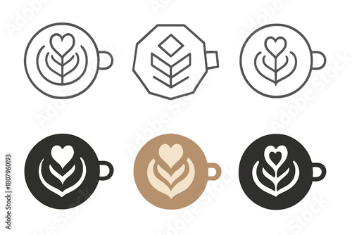 Latte Art Icons. Preparing a warm drink. Icon set. Set Logo of Latte Art: Foam design. Stylized detail, Abstract geometric, Minimal outline, Filled silhouette,