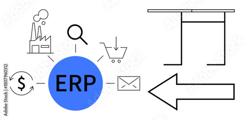 Central ERP hub surrounded by icons including factory, money cycle, search, cart, and email. Ideal for business, finance, data logistics technology process management automation. Simple flat