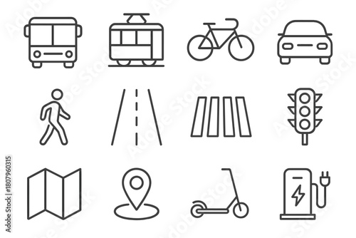 Transportation Icon Grid. Transportation and Mobility. Line icon set of Transportation and Mobility: bus, tram, bike, car, walking person, road, crosswalk,