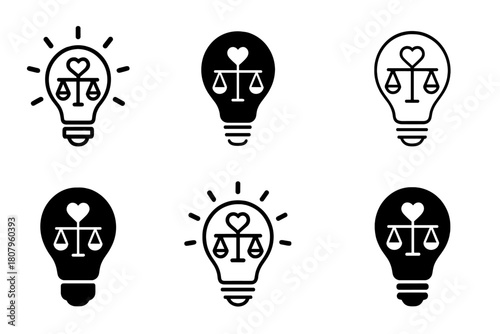 Ethical Emblem Logos. Moral development. Icon set. Set Logo of Moral development: Light bulb with ethical symbols. harmonious logo variations of the same
