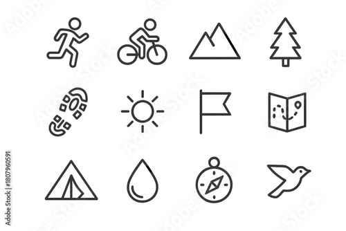Outdoor Sports Icons. Outdoor Sports. Line icon set of Outdoor Sports: runner, cyclist, mountain, tree, shoe print, sun, flag, map, tent, droplet, compass,