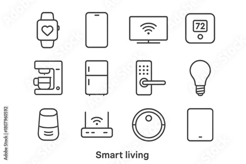 Smart Living Icons. Smart living. Line icon set of smart living: smartwatch, smartphone, smart TV, thermostat, coffee maker, refrigerator, door lock, light