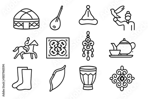 Kazakh Symbol Icons. Kazakh Traditions. Line icon set of Kazakh Traditions: yurt, dombyra, national hat, eagle on arm, horse rider, carpet, jewelry, tea set,