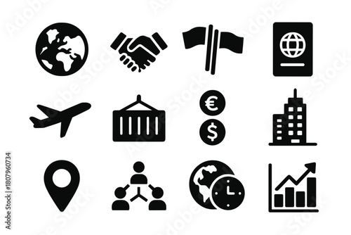Multinational Icon Set. Multinational. Solid icon set of Multinational: globe, handshake, flag set, passport, airplane, shipping container, currency symbols,