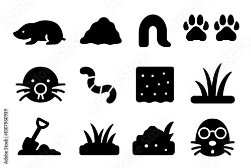 Burrowing Animal Icons. Burrowing Animal. Solid icon set of Burrowing Animal: mole, dirt mound, tunnel, digging paws, whiskers, nose, worm, soil, grass,