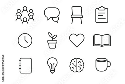 Group Therapy Icons. Group therapy. Line icon set of group therapy: people circle, speech bubble, chair, clipboard, clock, plant, heart, book, notebook, light