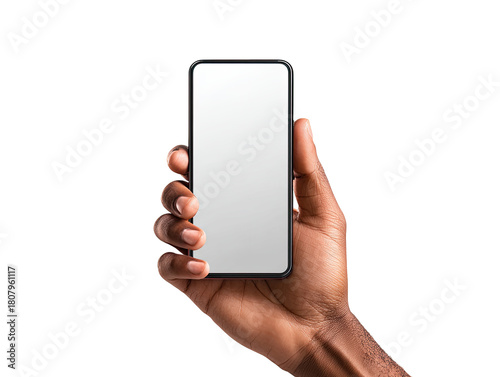 Hand holding a smartphone with blank screen.  Dark-skinned hand displays a modern mobile phone with a clear, empty screen.  Focus is on the device, held upright
