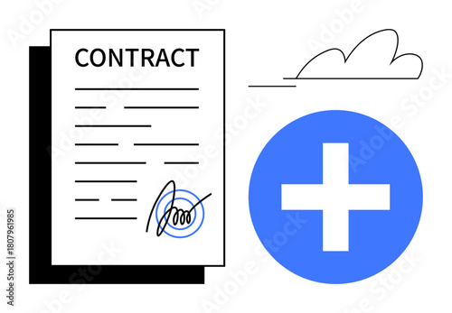 Signed contract document alongside a bold healthcare cross symbol under an abstract cloud. Ideal for agreements, insurance, partnerships, healthcare, compliance, documentation, legal concepts. Simple