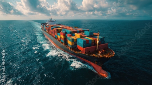 A large cargo ship travels through the ocean, leaving a wake behind. The vessel is loaded with numerous colorful shipping containers, showcasing vibrant hues against the blue water. © mila103