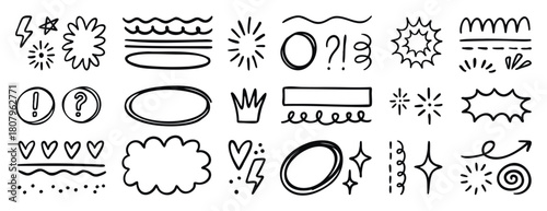 Playful doodle set monochrome line art with splashes exclamations random, hand drawn
