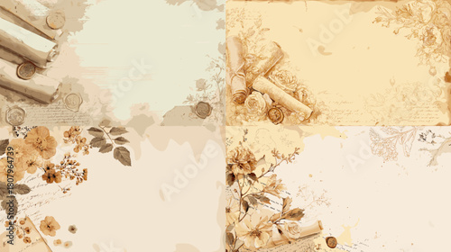 Soft vintage illustration of floral paper backgrounds with aged textures scrolls leaves and warm earthy tones. Ideal for invitations scrapbooking journaling antique themes and decorative design.