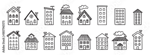 House building with roof doodle hand drawn icon set. Outline drawing house building with roof line clipart symbol collection