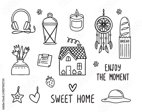 Sweet Home cozy fireplace set with hearth, firewood and candles line art outline, monochrome hand drawn