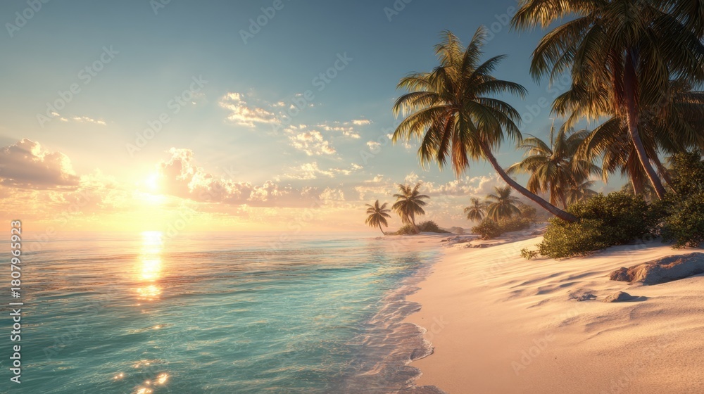 Obraz premium Golden sunlight reflects on the gentle waves of a tranquil sea as palm trees sway along the sandy shore. The sky is painted with warm colors, signaling the end of a beautiful day.
