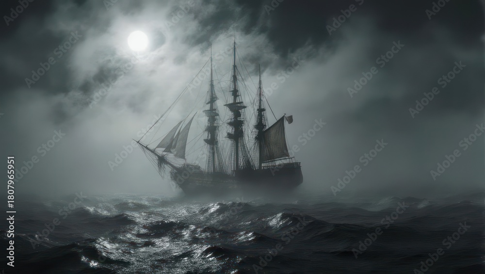 Obraz premium Ship sailing through stormy seas under a cloudy sky.