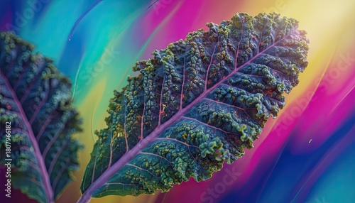Close up of a dark green textured kale leaf with purple stem against a vibrant psychedelic rainbow blurred background with dramatic sunlight.