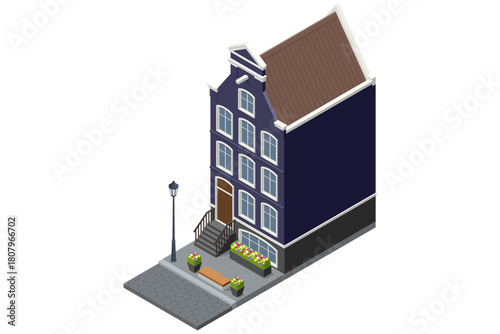 Isometric Amsterdam townhouse with dark blue facade, brown roof, flowers, bench and streetlamp on a European old-city pavement.