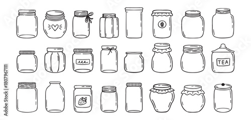 Jars hand drawn doodle isolated on white background. Jar empty, template outline drawing elements collection.
