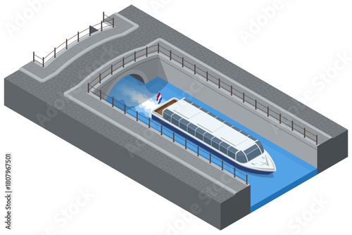 Isometric Amsterdam canal with tourist boat, tunnel, stone embankment and railing in a European waterway scene.