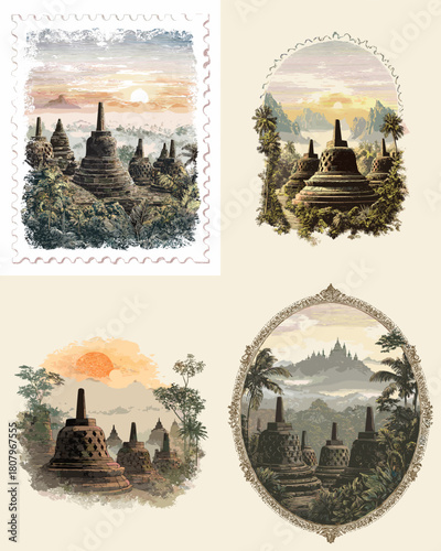 Vintage style illustration of Borobudur Temple with sunrise and tropical scenery in soft earthy tones. Ideal for cultural heritage themes travel posters history design and Indonesian art.
