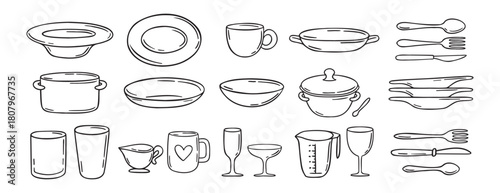 dishes dinnerware doodle hand drawn icon set. Plate, glass and cup, mug, bowl. Outline drawing tableware for kitchen line clipart symbol collection