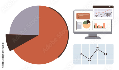 Pie chart, monitor displaying graphs, line graph on grid. Ideal for data analysis, business reports, market trends, financial planning, marketing strategies statistics presentations. Simple flat