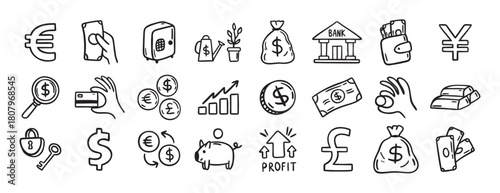 Money, finance and currency doodle set. doodle hand drawn icon set. Outline drawing dollar Banknotes, coins, money bag line clipart symbol collection