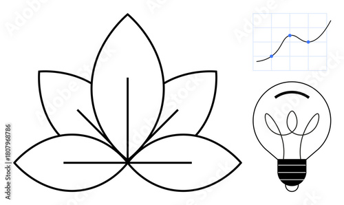 Minimal lotus flower icon, creative light bulb, and growth graph combine nature, creativity, and analytics. Ideal for innovation, sustainability, growth, business wellness creativity education
