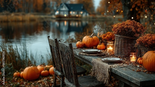 Table set with pumpkins near lake and house in autumn season.