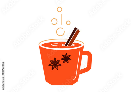 Hot cider with cinnamon in an orange cup on white background  