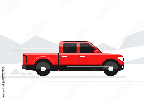 Red pickup truck driving on snow-covered road in winter landscape  