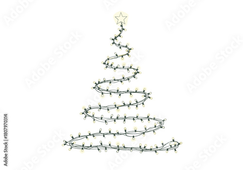 Twinkling fairy lights forming a Christmas tree outline on white background  