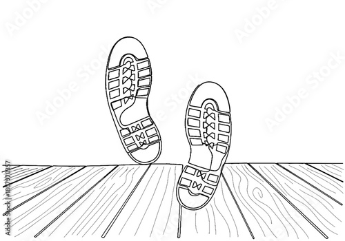 Boot prints on wooden deck illustration in minimalist style for Christmas  