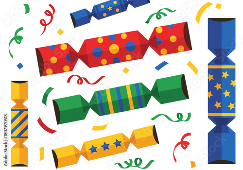 Colorful Christmas crackers with festive patterns and confetti  