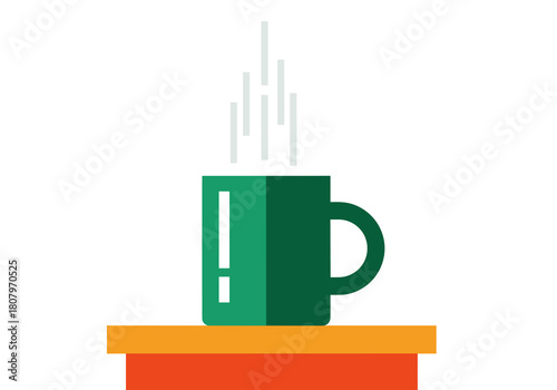 Green mug with steam on wooden table in minimalist style  