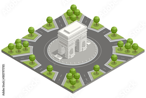 Isometric illustration of the Arc de Triomphe in Paris with a large roundabout, roads and green areas, showing classic European architecture in an old city landmark scene.
