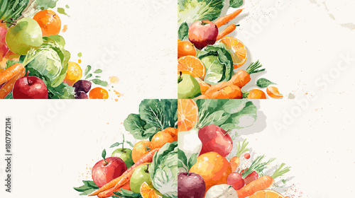 Watercolor illustration of fresh fruits and vegetables including apples oranges carrots lettuce and leafy greens. Perfect for food design healthy lifestyle themes and organic labels.