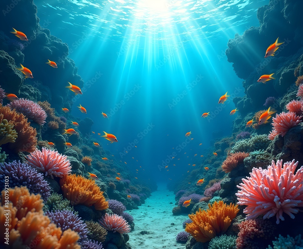 Naklejka premium Detailed Coral Reef Ecosystem with Vibrant Marine Life