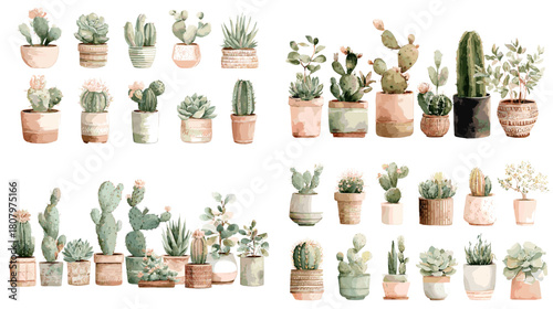 Watercolor illustration of assorted potted cacti and succulents in earthy ceramic pots. Ideal for botanical decor stickers gardening themes and modern farmhouse design.