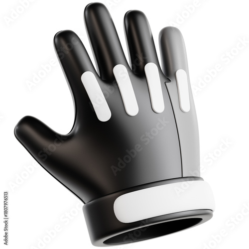 Stylized 3D rendering of a black glove showing an open palm gesture. This glossy, modern icon is isolated on a white background, perfect for UI design and digital modeling projects