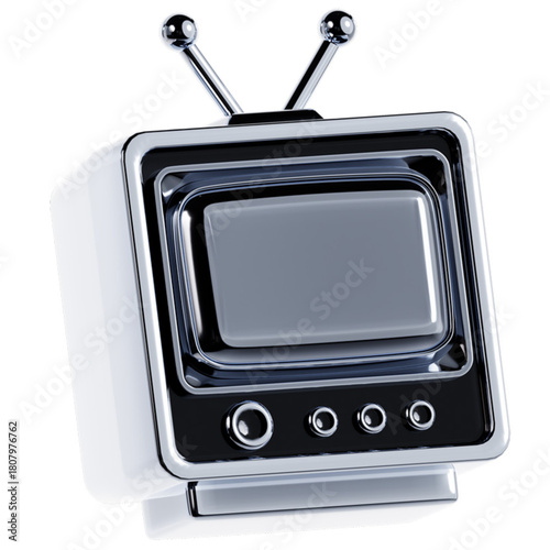 Shiny chrome retro television set with antennas, a classic 3D model vector illustration isolated on a white background for technology and media concepts