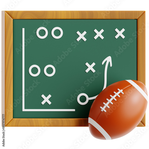 Realistic 3D model of an American football and a green chalkboard with a drawn-out tactical game plan, illustrating a strategy for scoring a touchdown