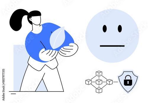 Woman holding a symbolic leaf, a connected blockchain grid, security shield, and neutral face emoticon. Ideal for sustainability, technology, environmental protection, security, simplicity emotions